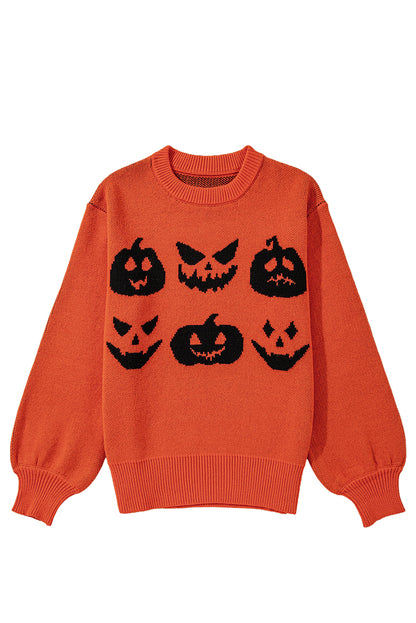 Halloween Pumpkin Face Pattern Drop Shoulder Sweater