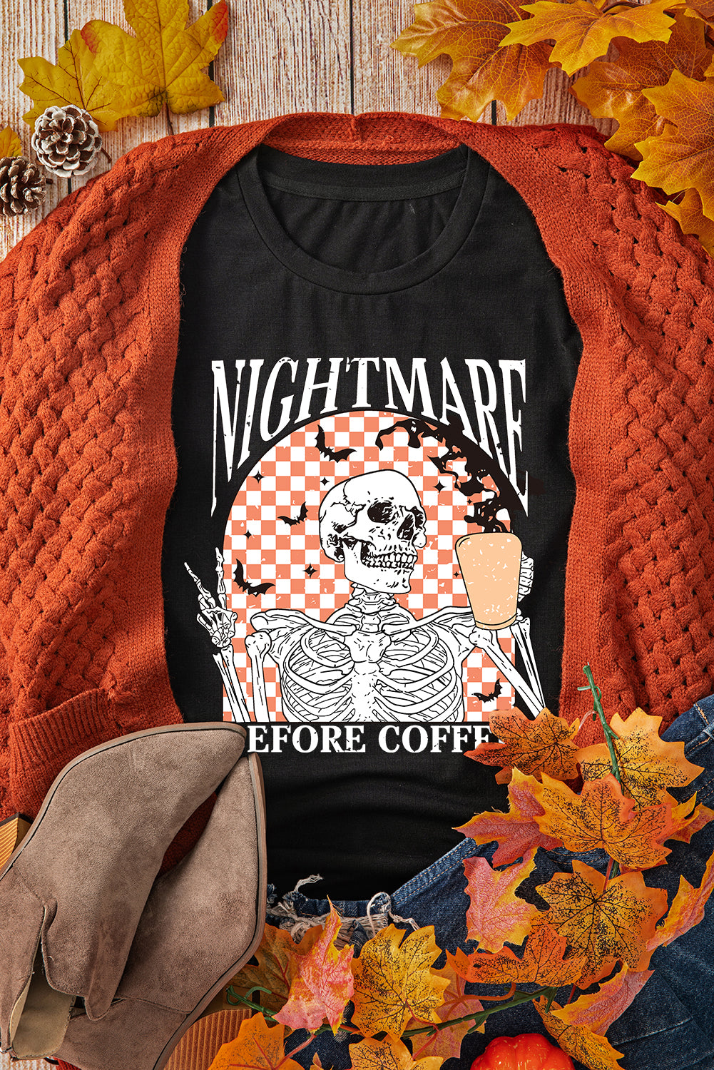 Nightmare Before Coffee Skull Checkerboard Graphic Halloween Tee