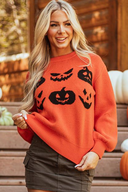 Halloween Pumpkin Face Pattern Drop Shoulder Sweater