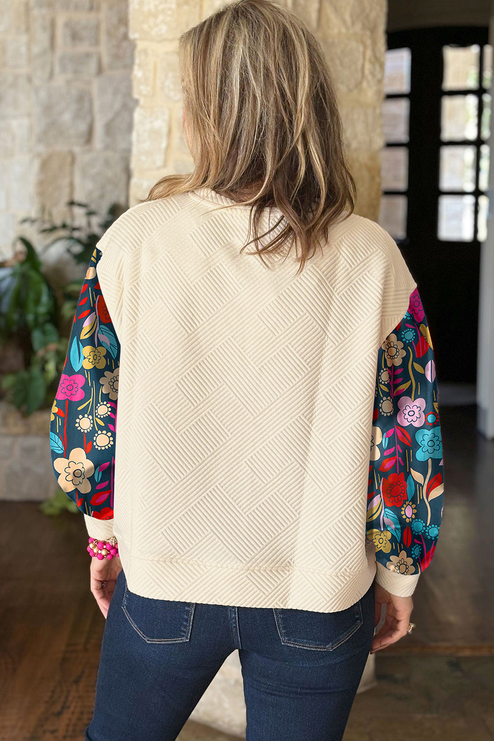 Contrast Floral Sleeve Textured Drop Shoulder Knit Top