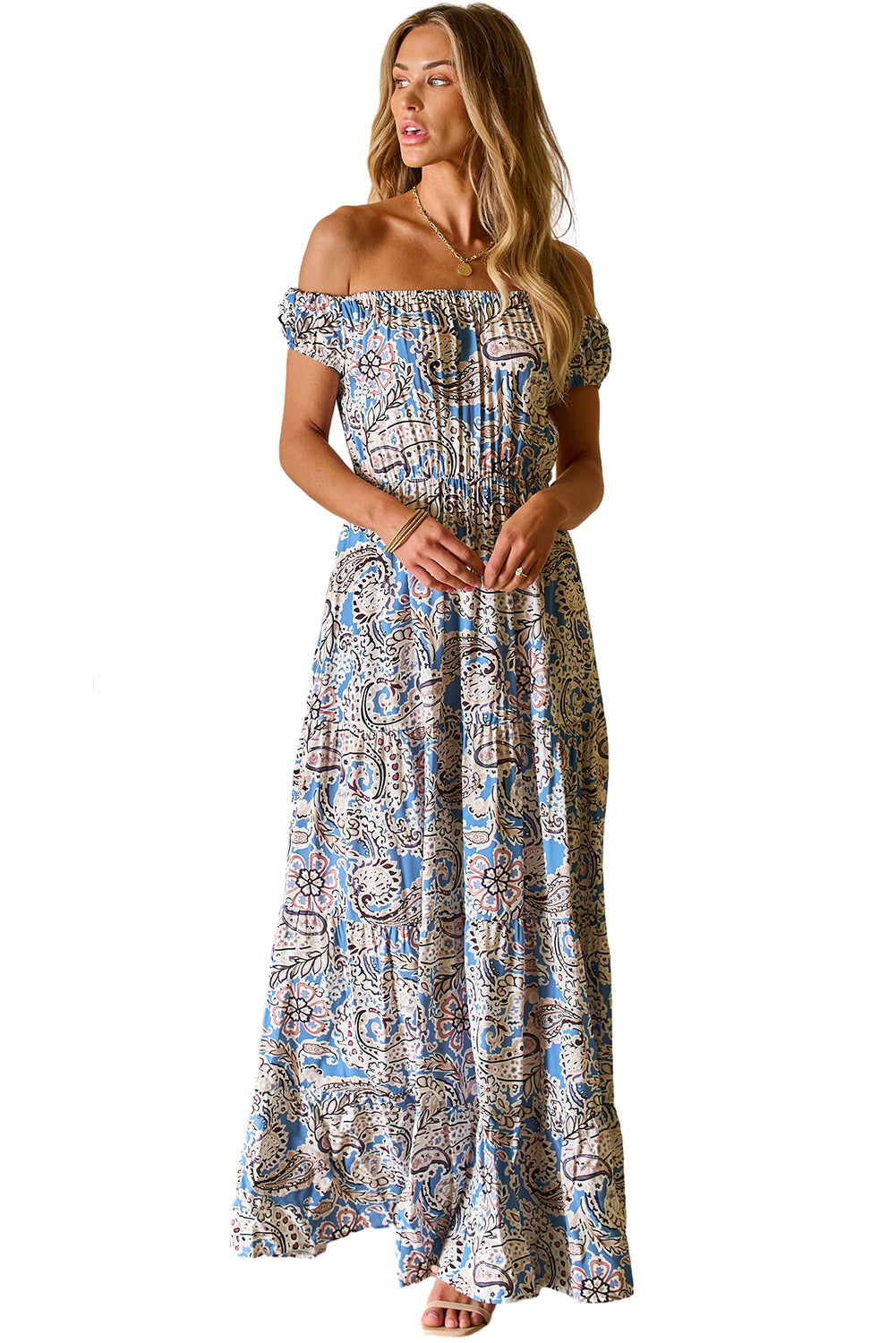 Boho Paisley Print Off Shoulder Maxi Dress