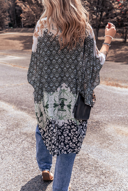 Boho Floral Print Irregular Hem Flowy Kimono