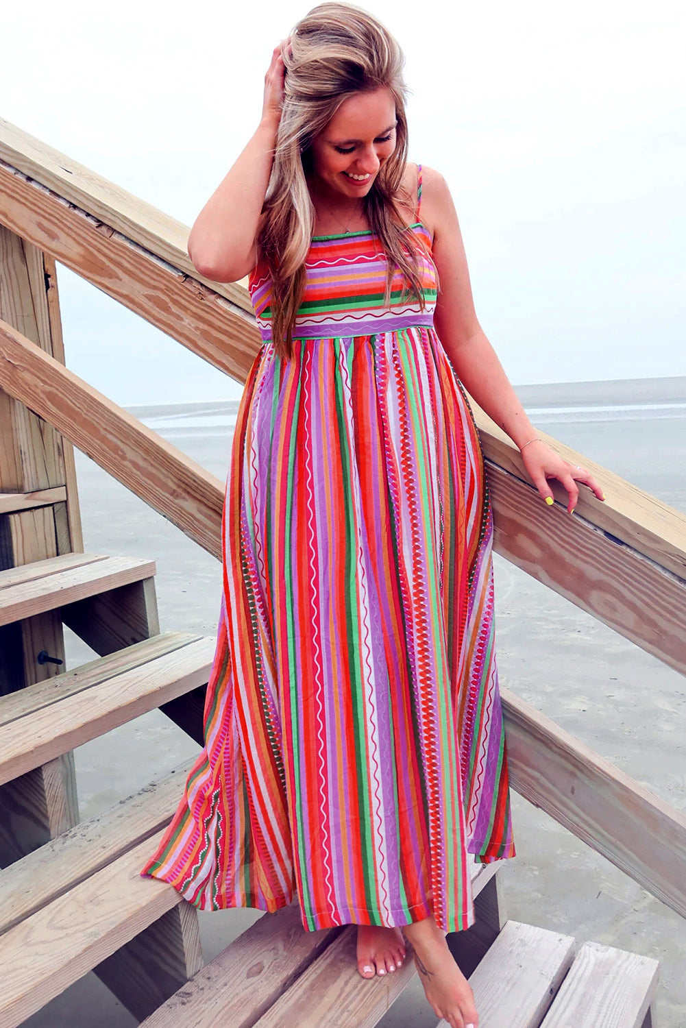 Striped Thin Straps Smocked Back Boho Maxi Dress