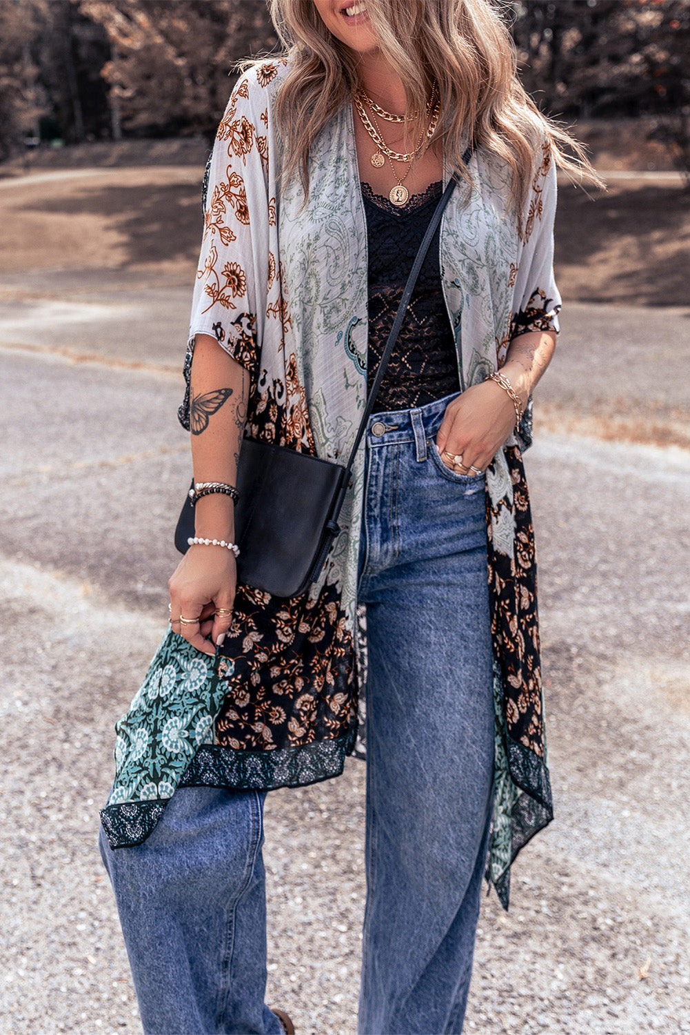 Boho Floral Print Irregular Hem Flowy Kimono