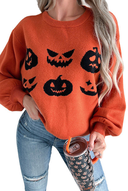 Halloween Pumpkin Face Pattern Drop Shoulder Sweater