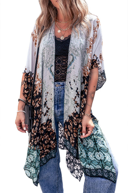 Boho Floral Print Irregular Hem Flowy Kimono