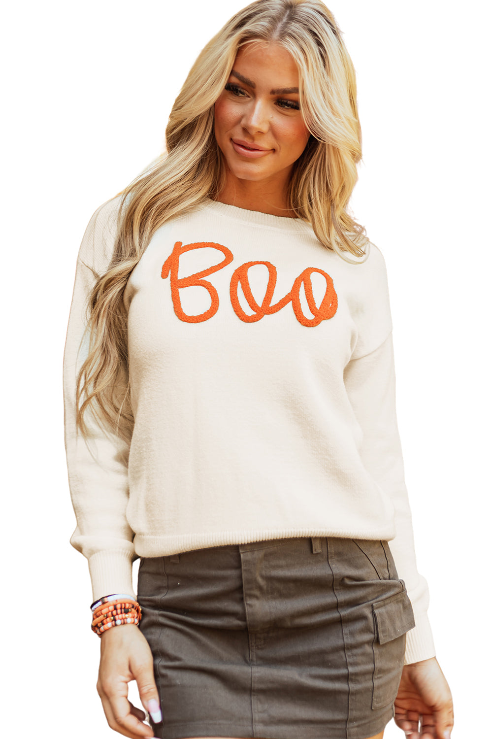 Boo Knitted Pattern Ribbed Edge Drop Shoulder Sweater