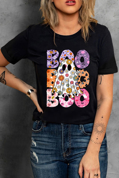 BOO Floral Ghost Print Crew Neck Halloween T Shirt