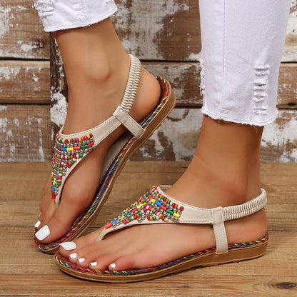 Leather Beaded Flat Sandals