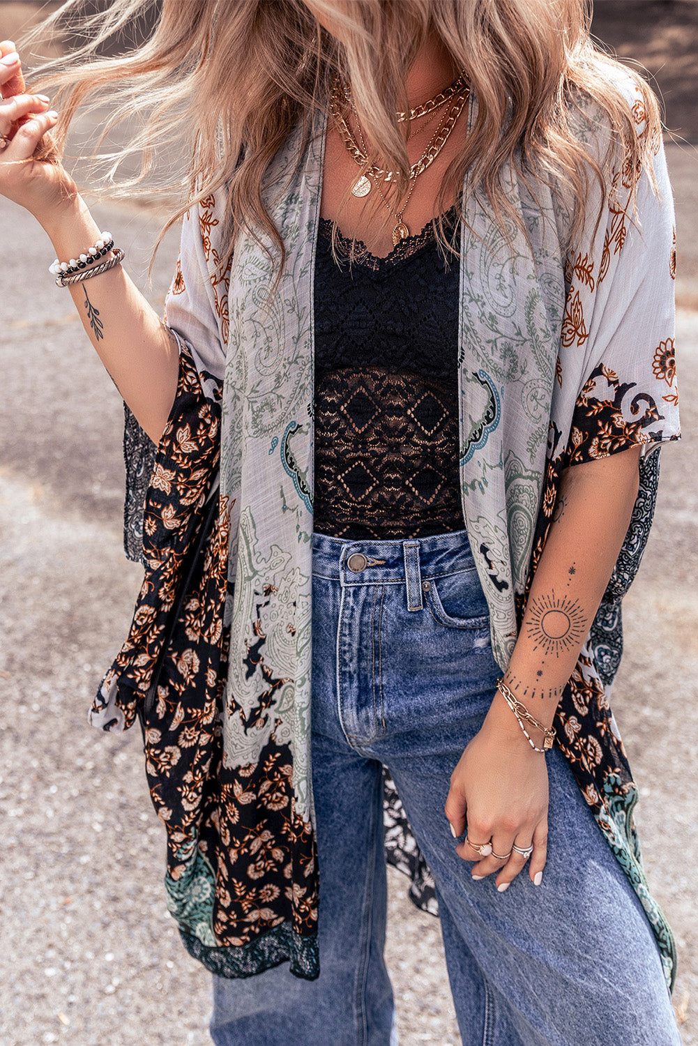 Boho Floral Print Irregular Hem Flowy Kimono