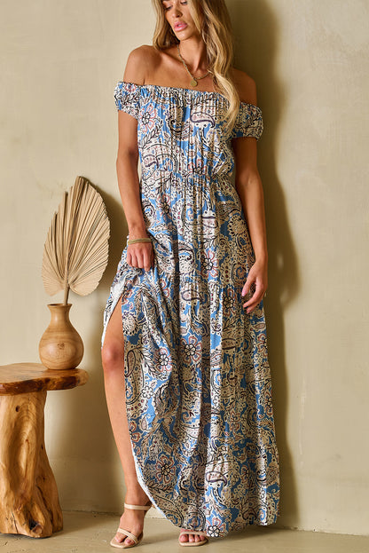 Boho Paisley Print Off Shoulder Maxi Dress