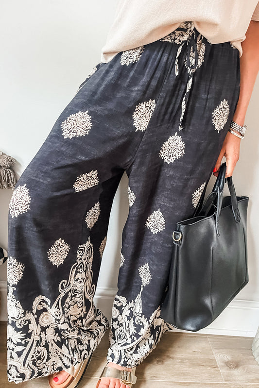 Bohemian Printed Drawstring Waist Wide Leg Pants