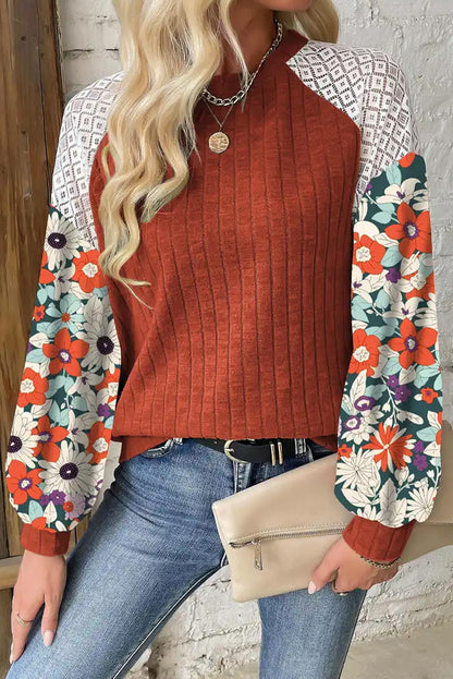 Floral Patchwork Long Sleeve Ribbed Blouse