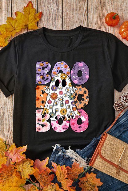 BOO Floral Ghost Print Crew Neck Halloween T Shirt