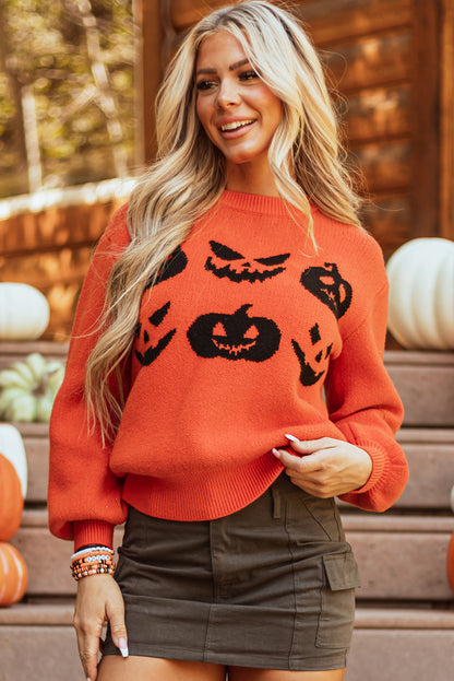 Halloween Pumpkin Face Pattern Drop Shoulder Sweater