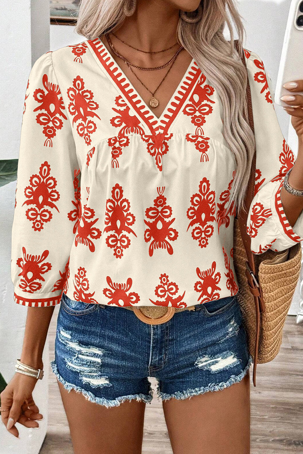 Vintage Geometric Printed 3/4 Sleeve V Neck Blouse