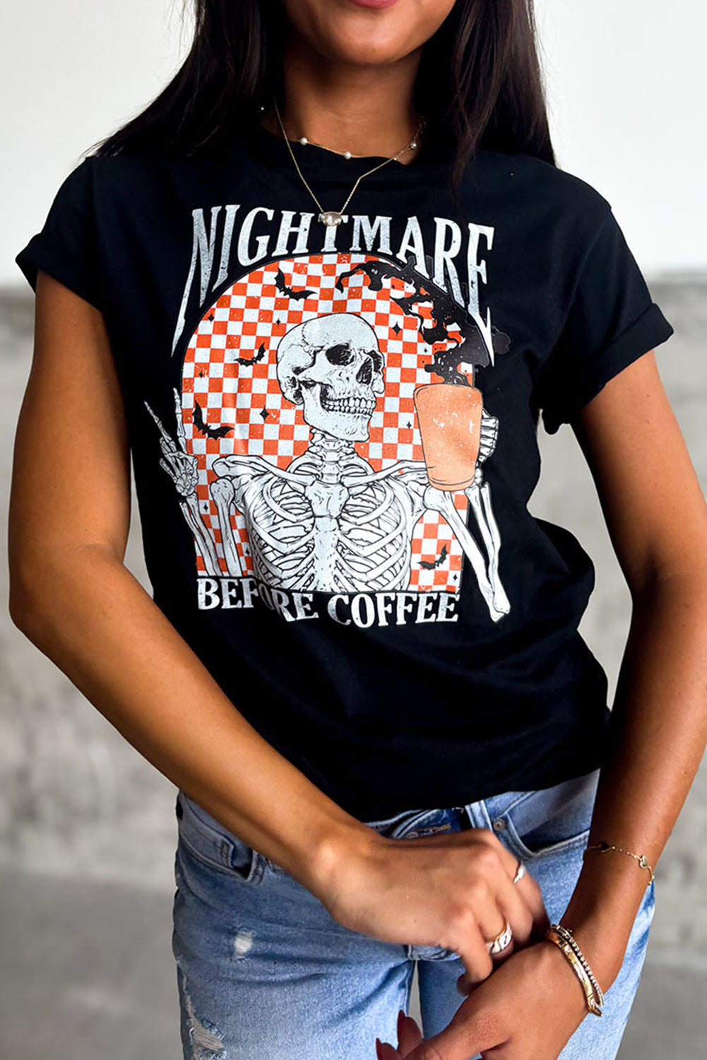 Nightmare Before Coffee Skull Checkerboard Graphic Halloween Tee