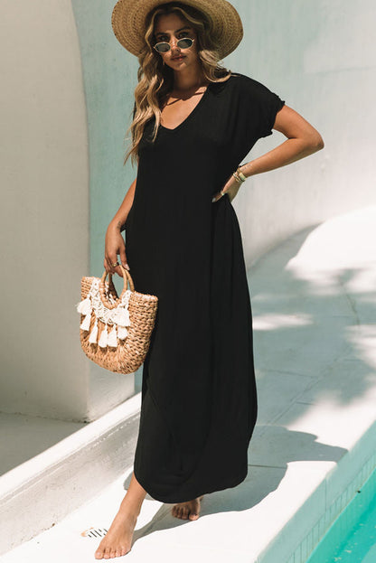 V Neck Hidden Pocket Splits Maxi T-shirt Dress