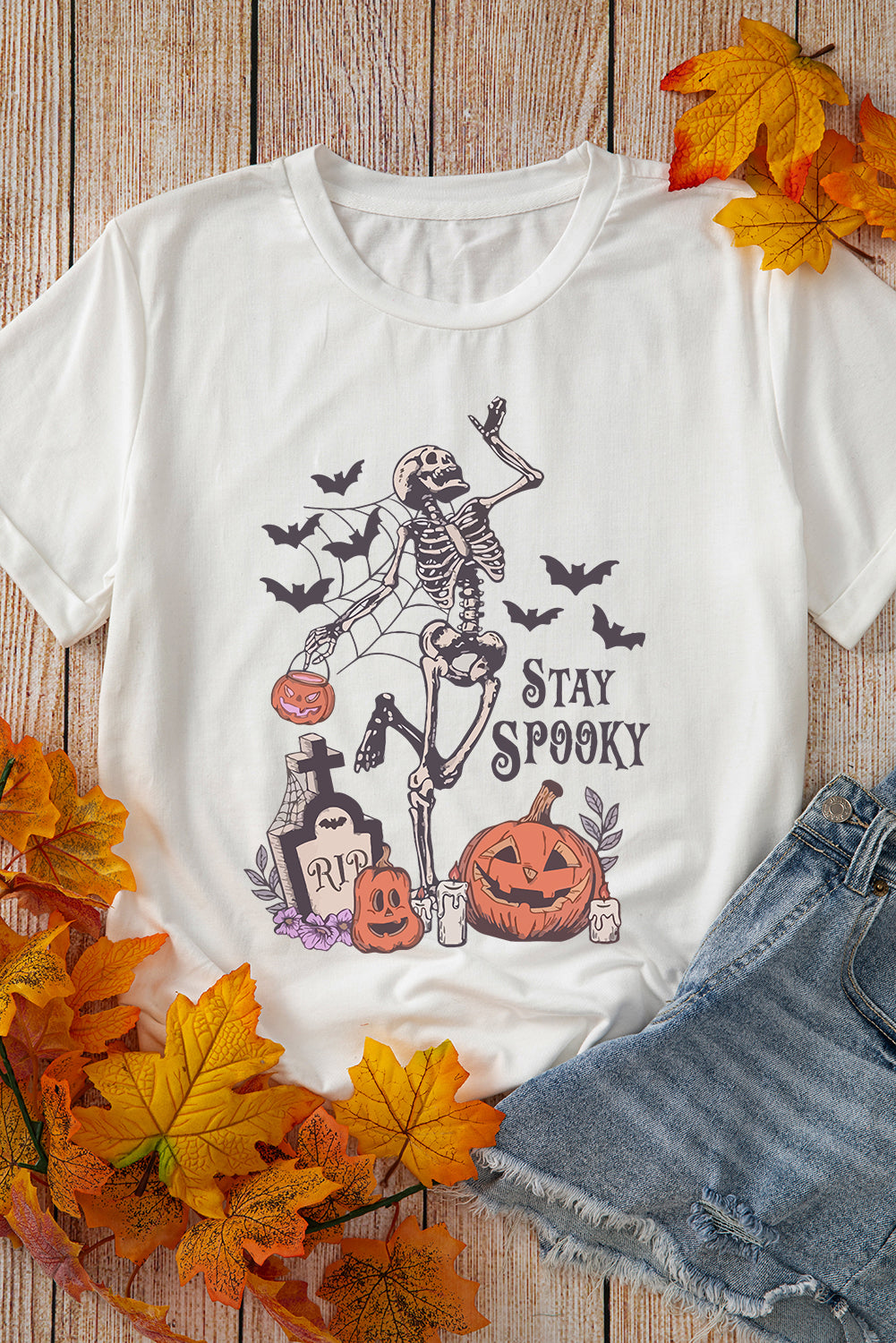 Skull Pumpkin Face STAY SPOOKY Graphic Halloween T Shirt