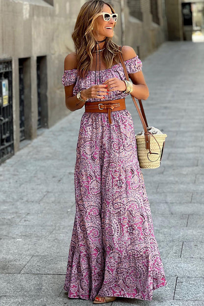 Boho Paisley Print Off Shoulder Maxi Dress