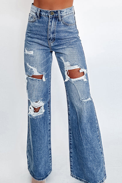 Acid Wash Distressed Wide Leg High Waist Jeans