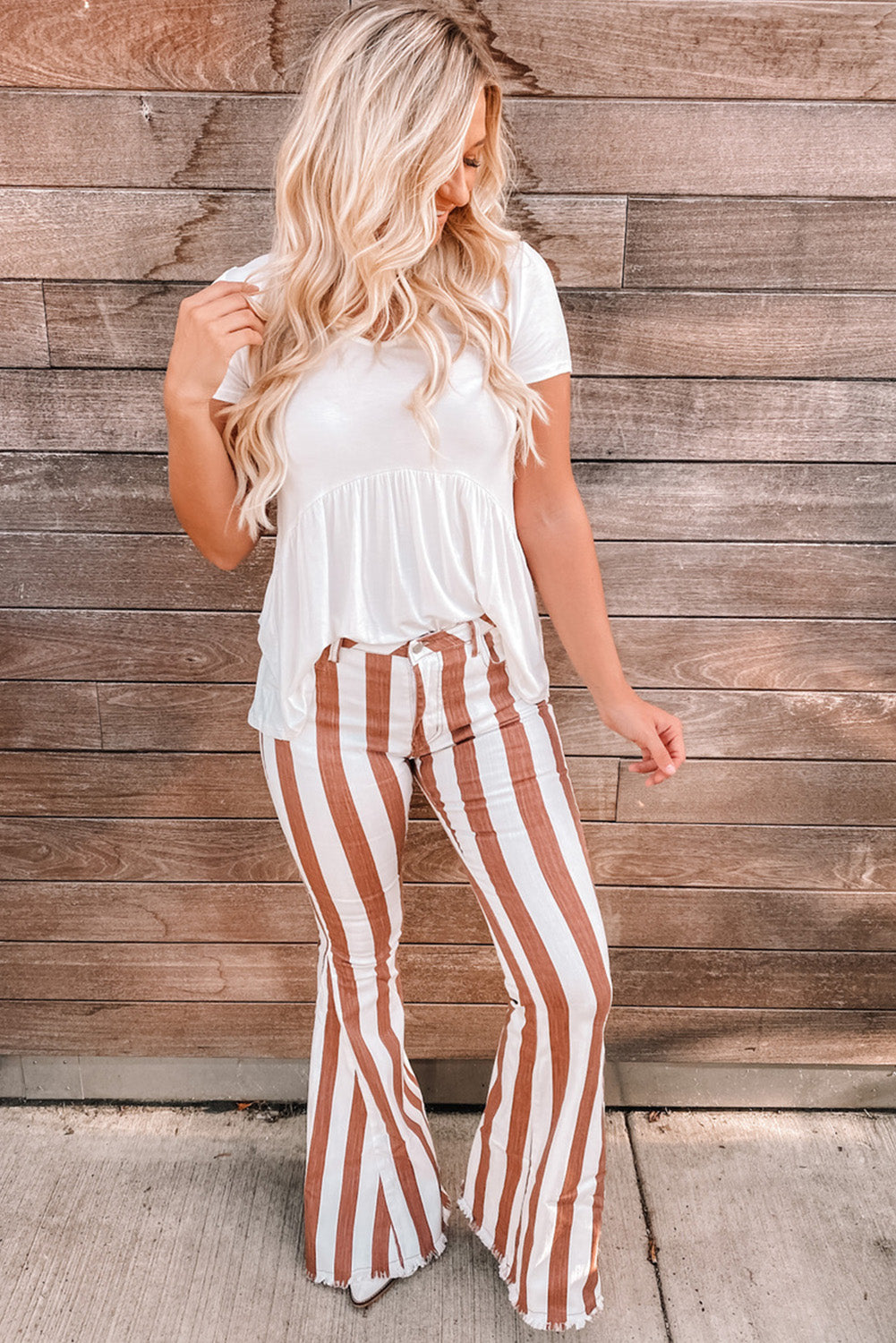 Striped Fringe Bell Bottom Denim Pants