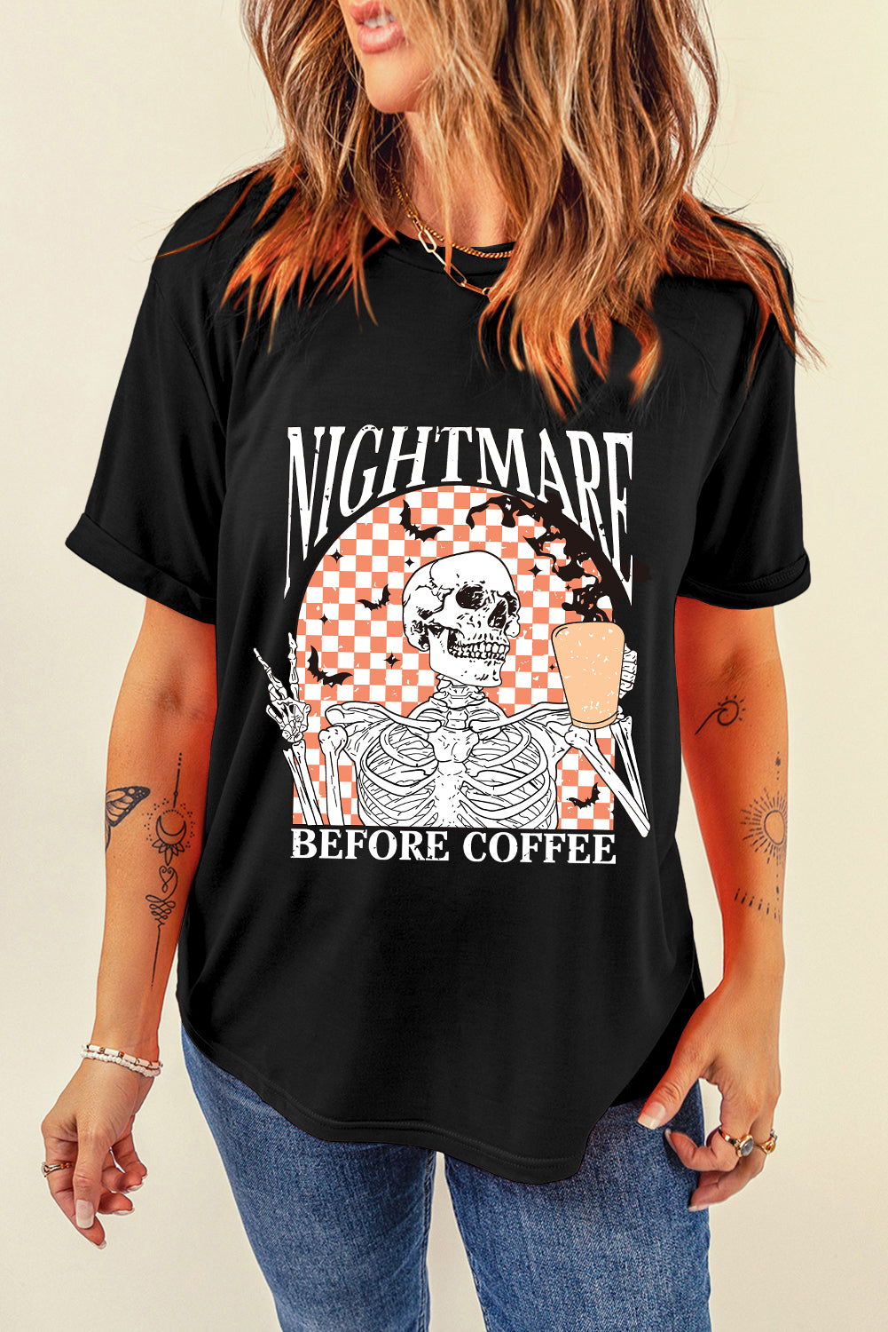 Nightmare Before Coffee Skull Checkerboard Graphic Halloween Tee