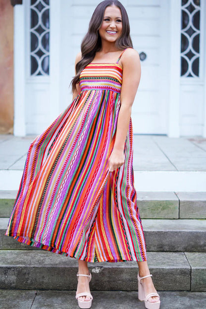 Striped Thin Straps Smocked Back Boho Maxi Dress