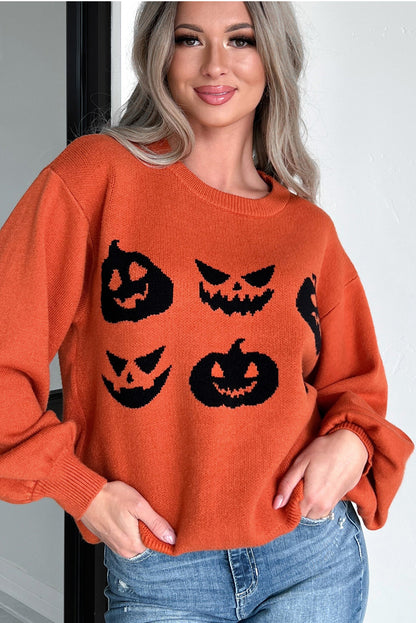 Halloween Pumpkin Face Pattern Drop Shoulder Sweater