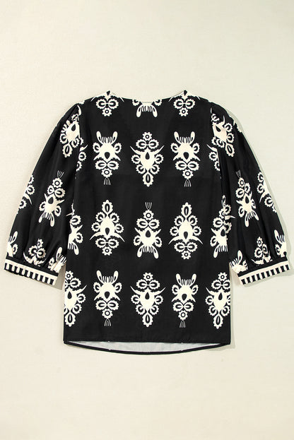 Vintage Geometric Printed 3/4 Sleeve V Neck Blouse