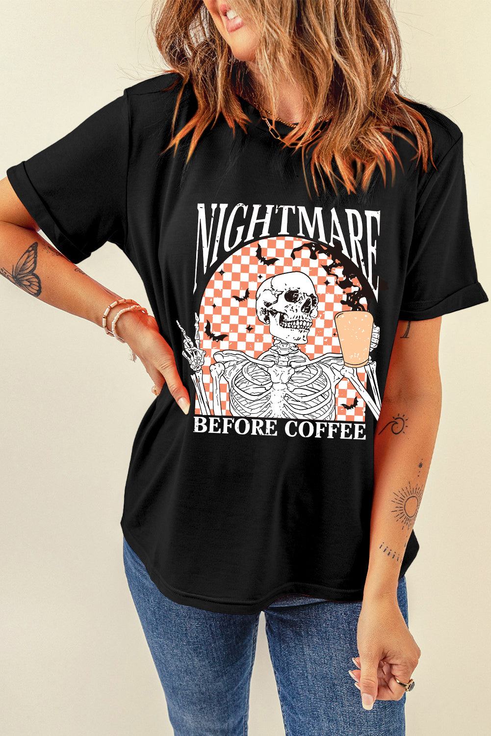 Nightmare Before Coffee Skull Checkerboard Graphic Halloween Tee