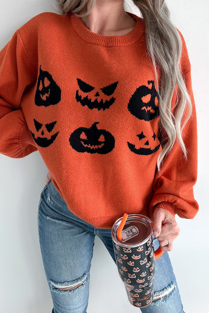 Halloween Pumpkin Face Pattern Drop Shoulder Sweater