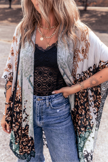 Boho Floral Print Irregular Hem Flowy Kimono