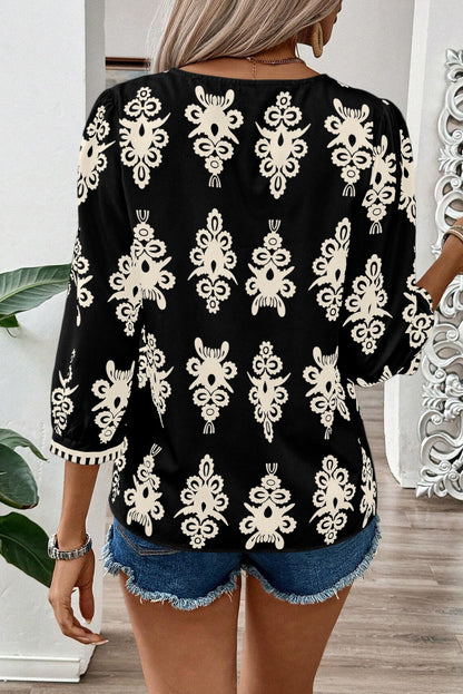 Vintage Geometric Printed 3/4 Sleeve V Neck Blouse