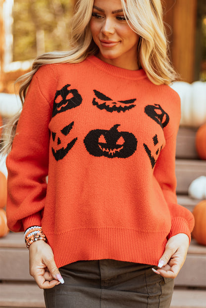 Halloween Pumpkin Face Pattern Drop Shoulder Sweater