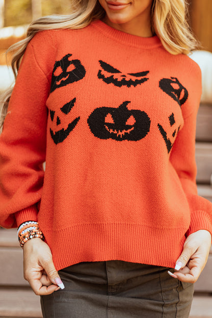 Halloween Pumpkin Face Pattern Drop Shoulder Sweater