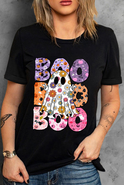 BOO Floral Ghost Print Crew Neck Halloween T Shirt