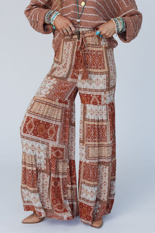 Boho Aztec Print Tiered Palazzo Pants