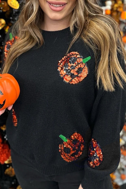 Plus Size Halloween Sequined Pumpkin Pattern Sweater