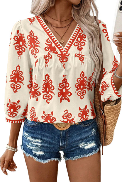 Vintage Geometric Printed 3/4 Sleeve V Neck Blouse