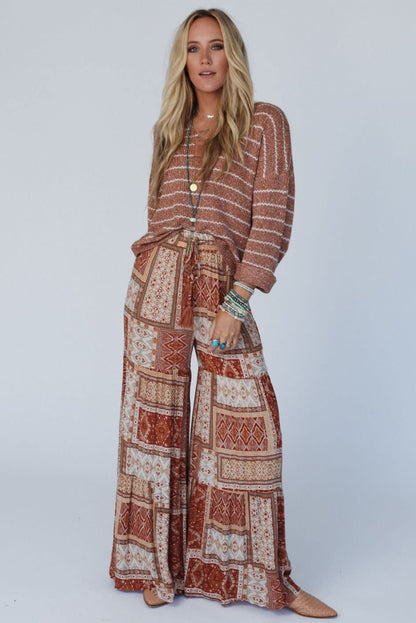 Boho Aztec Print Tiered Palazzo Pants