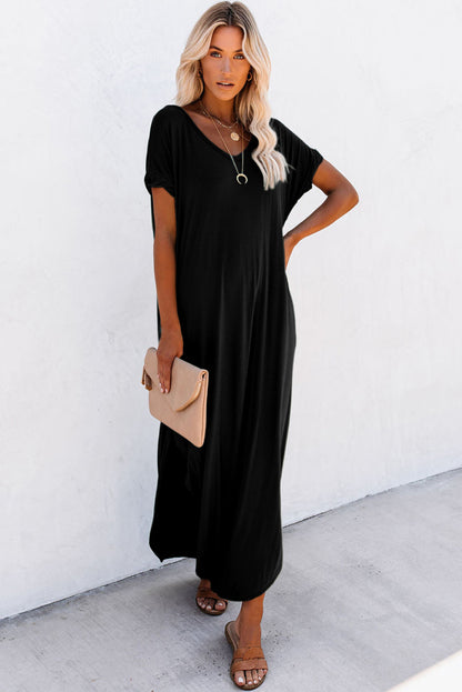 V Neck Hidden Pocket Splits Maxi T-shirt Dress