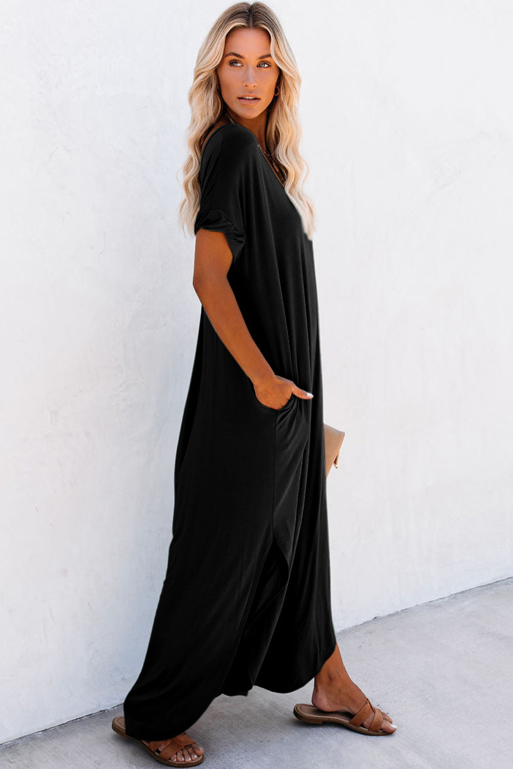 V Neck Hidden Pocket Splits Maxi T-shirt Dress