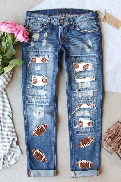 Sequin Rugby Football Patchwork Distressed Straight Leg Jeans