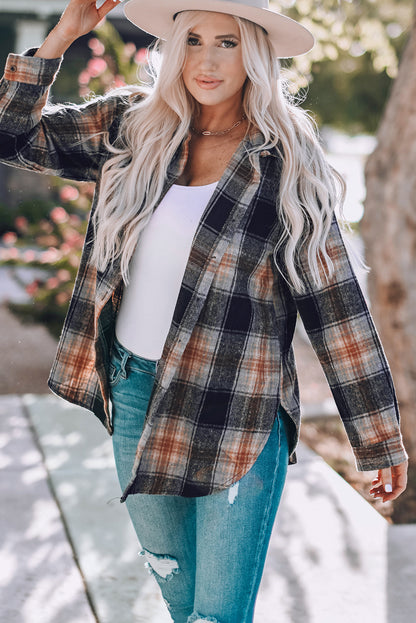 Oversize Rounded Hem Plaid Shacket with Slits