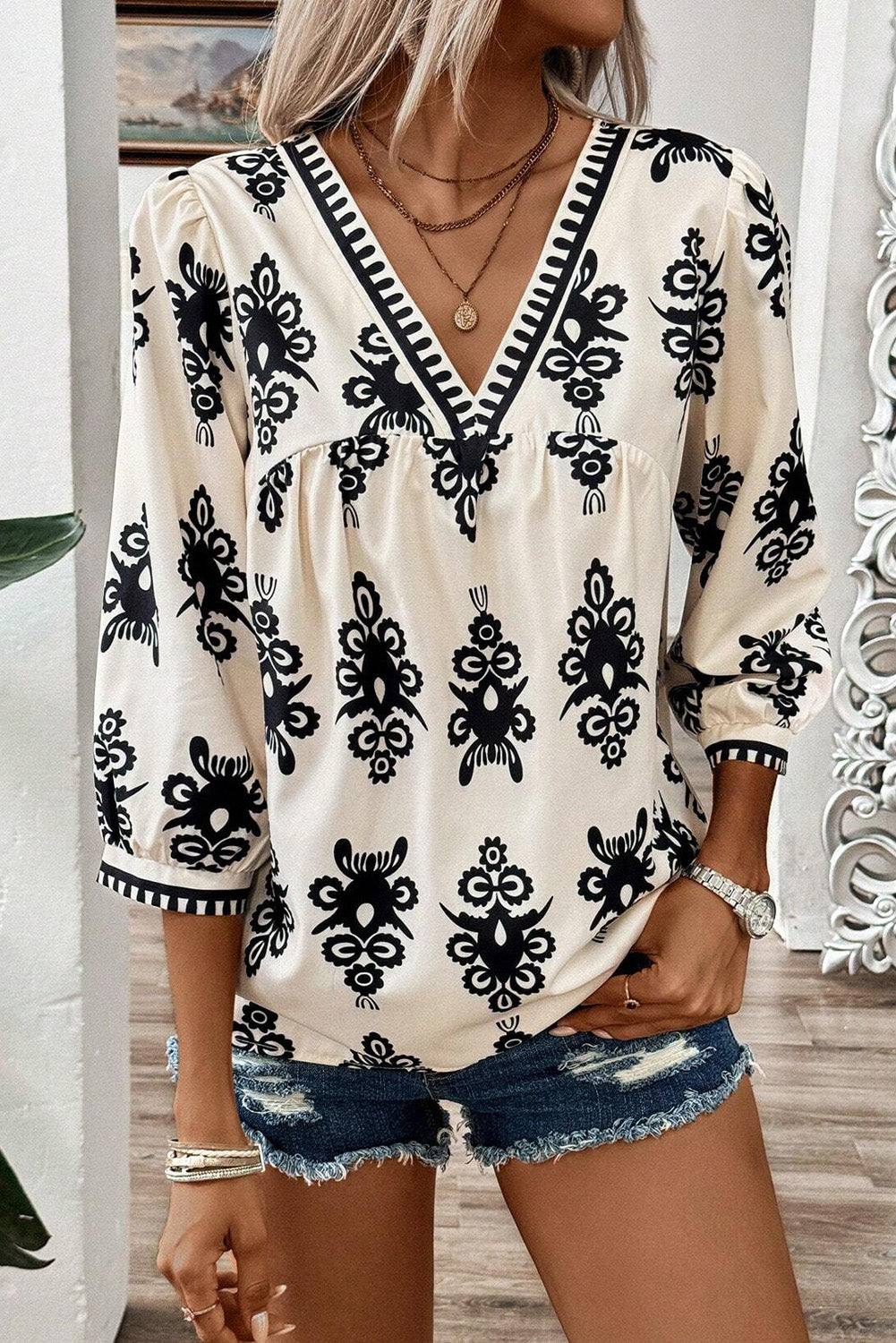 Vintage Geometric Printed 3/4 Sleeve V Neck Blouse