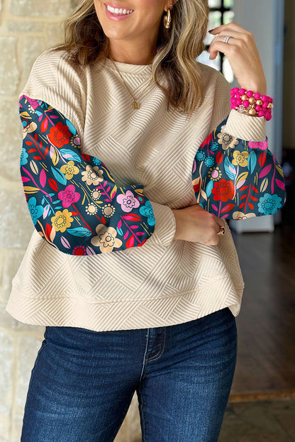 Contrast Floral Sleeve Textured Drop Shoulder Knit Top