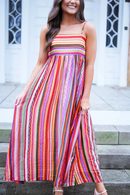 Striped Thin Straps Smocked Back Boho Maxi Dress