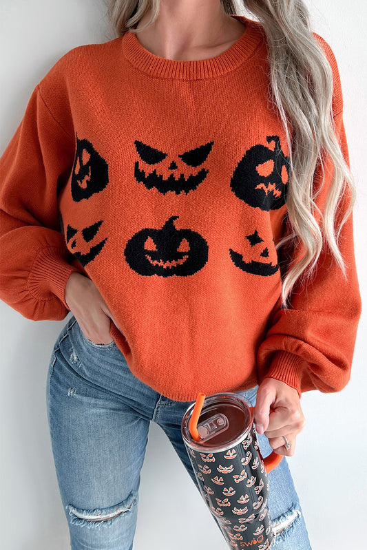 Halloween Pumpkin Face Pattern Drop Shoulder Sweater