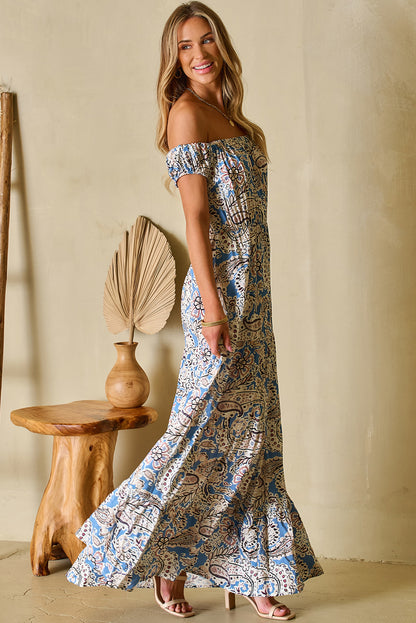 Boho Paisley Print Off Shoulder Maxi Dress